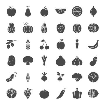 Fruit Vegetable Solid Web Icons. Vector Set of Food Glyphs.
