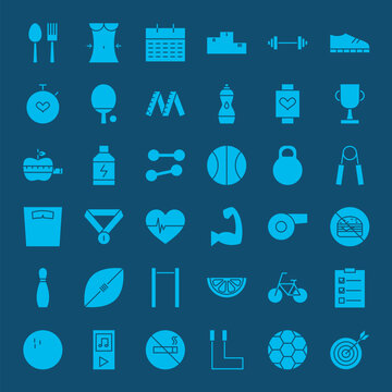 Healthy Lifestyle Solid Web Icons. Vector Set of Sport Fitness Glyphs.