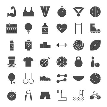 Sport Fitness Solid Web Icons. Vector Set of Healthy Lifestyle Glyphs.