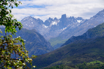 View on Naranjo de Bulnes or Picu Urriellu,  limestone peak dating from Paleozoic Era, located in Macizo Central region of Picos de Europa, mountain range in  Asturias, Spain