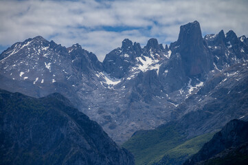 Fototapeta premium View on Naranjo de Bulnes or Picu Urriellu, limestone peak dating from Paleozoic Era, located in Macizo Central region of Picos de Europa, mountain range in Asturias, Spain