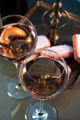 Tasting of rose brut Champagne sparkling wine in cellars of gran cru wine house in Epernay, wine tour in Champagne, France