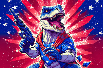 Patriotic American dinosaur with gun. Generative AI