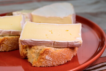 Lunch with fresh baguette and French white mold soft cow milk cheese Caprice des Dieux from Haute-Marne region, France