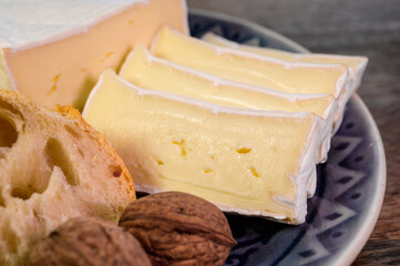 Lunch with fresh baguette and French white mold soft cow milk cheese Caprice des Dieux from...