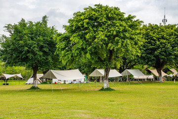 Camping tents on green grass in the park