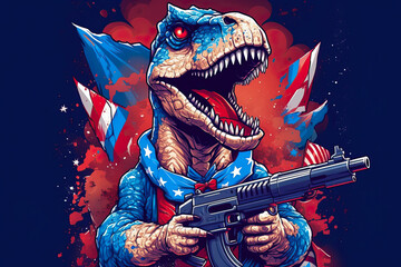 Patriotic American dinosaur with gun. Generative AI