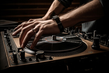 Afro-american DJ hands playing music closeup. Generative AI