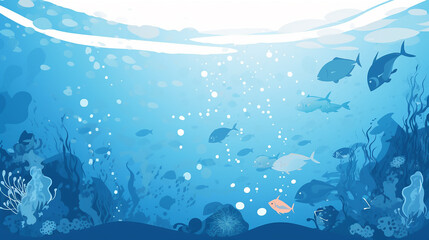 Underwater world, light, air bubbles, cartoon style, banner design. Generative AI