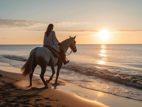 woman riding a horse on a beach at sunrise, generative ai