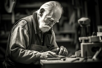 Fototapeta na wymiar older man working on a diy woodworking project, generative ai