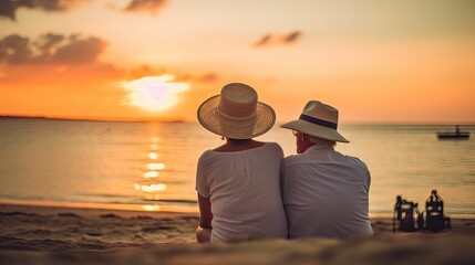 older couple watching a sunset at the beach, generative ai