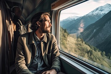 man taking a scenic train ride and staring out of the window, generative ai