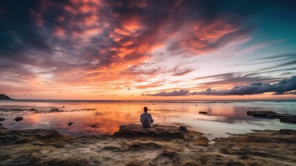 man watching a stunning sunset by the ocean, generative ai