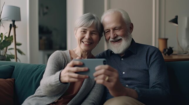 older couple using a smartphone to video call their family, generative ai