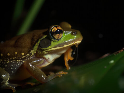 Macro portrait of a tropical green frog. 