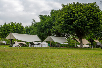 Camping tents on green grass in the park