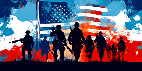 USA soldier silhouettes, flag, graphic design. Generative AI - obrazy, fototapety, plakaty