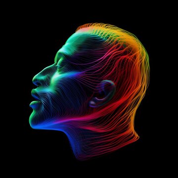 Human face in neon colored line pattern. Made with Generative AI. © Paul