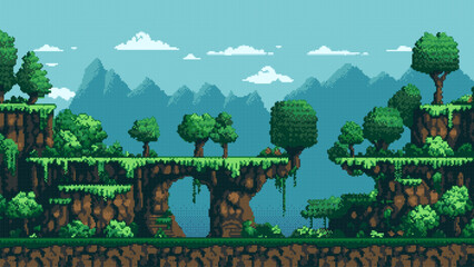 pixel art game level background, 8 bit, landscape, arcade video game, mountains trees and platforms © hiten666