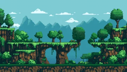 Foto op Aluminium pixel art game level background, 8 bit, landscape, arcade video game, mountains trees and platforms © hiten666