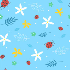 Fototapeta na wymiar Seamless summer pattern with ladybugs, flowers, leaves. Vector graphics.