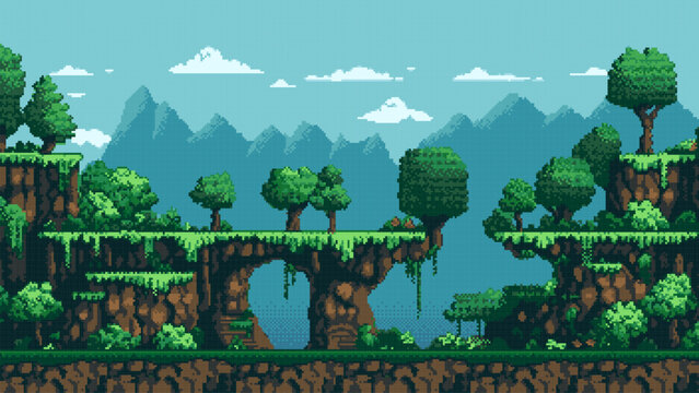 Pixel Art Game Level Background, 8 Bit, Landscape, Arcade Video Game, Mountains Trees And Platforms