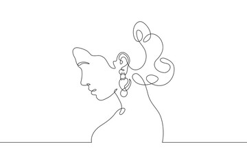 One continuous line. Female portrait. Profile of a young woman. Earrings in the ears. Valuable jewellery. Bijouterie. One continuous line drawn isolated, white background.