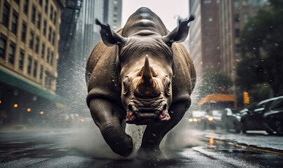 Rhino, Urban Stampede: A Frenzied Bison Running Full Speed in the Middle of Downtown Traffic.  Generative AI - obrazy, fototapety, plakaty