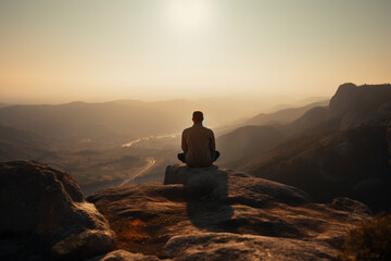 Naklejka na ściany i meble Man in yoga zen pose meditating on a mountain at sunrise or sunset. Balance and stability, meditation relaxation and peace. Natural therapy contemplation therapy. Ai generated