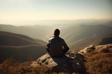 Man in yoga zen pose meditating on a mountain at sunrise or sunset. Balance and stability, meditation relaxation and peace. Natural therapy contemplation therapy. Ai generated