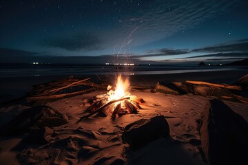 Close-up photo of campfire with beautiful nature view. Generative ai