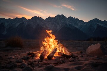 Close-up photo of campfire with beautiful nature view. Generative ai