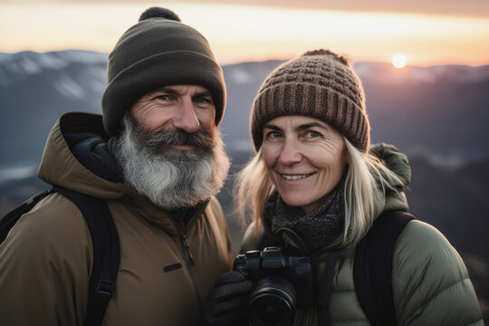 Elderly smiling couple travellers are hiking the mountains with sunset on background. Generative ai