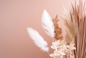 white background with white flower paper holding a bunch of dried grasses, generative ai