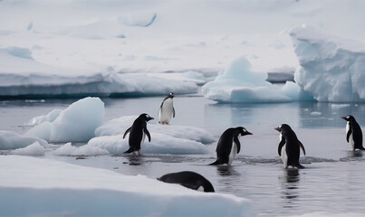 Penguins moving among ice blocks in the South Pole. Generative AI