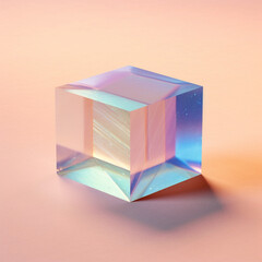 Luminescent Glass Cube Block with Glowing Prisms on Pastel Background - Product Mock Up or Step Up Display in Cotton Candy Aesthetic - Generative AI