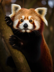 Obraz premium Portrait of a red panda on a tree. Generative AI