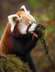Fototapeta premium Red panda eating bamboo. Close-up portrait. Generative AI