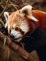 Obraz premium Red panda close-up portrait in nature. Generative AI