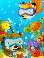 Foto op Plexiglas cartoon ocean scene coral reef forest animals diving © honeyflavour
