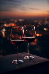 2 Glässer Rotwein spät abends bei Sonnenuntergang in der Stadt. Hochformat. Hochkant. Generative Ai.