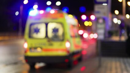 Racing to Help: Ambulance with Lights On Rushes to a Mall at Night