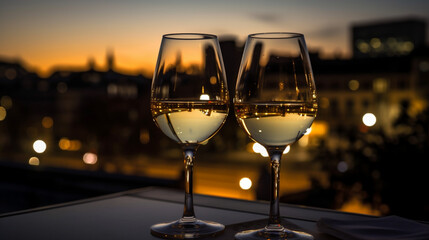 2 Glässer Weißwein spät abends bei Sonnenuntergang in der Stadt. Querformat. Generative Ai.