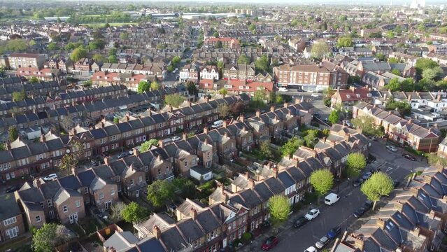 Drone image of North London terraced houses and skyline in day time. 