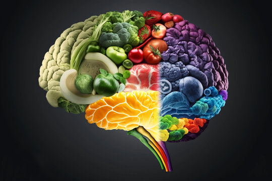 Healthy brain by a balanced diet of fruits and vegetables. Conceptual image of healthy life. Brain made up of fruits and vegetables. Generative ai. 