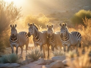 Fototapeta na wymiar Group of Mountain Zebra in natural habitat (generative AI)