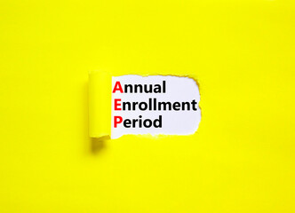 AEP symbol. Concept words AEP Annual enrollment period on beautiful white paper. Beautiful yellow...
