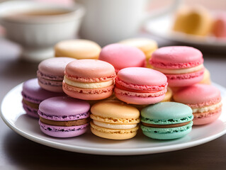 Obraz premium Colorful macarons arranged on a white plate. Generative AI