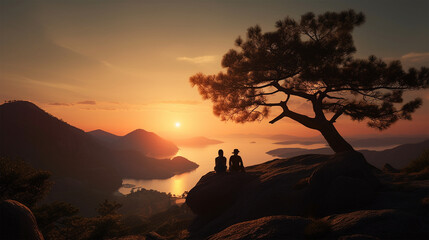 a couple enjoying a sunset on a mountain, Generative AI